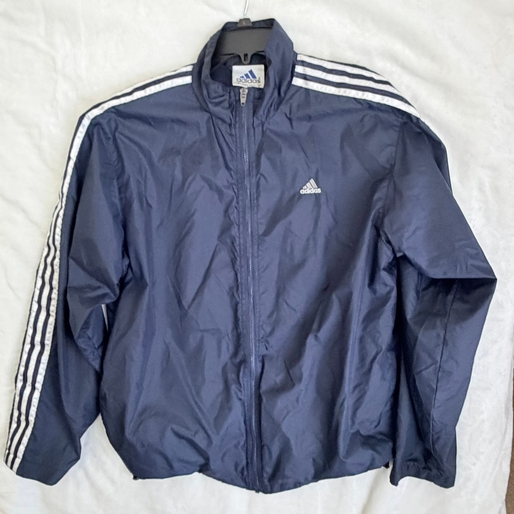Adidas Windbreaker Jacket Mens Small Navy Blue Excellent 3 Stripes Vintage